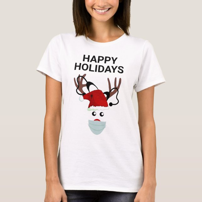 Funny Nurse Christmas Reindeer With Stethoscope T-Shirt (Front)
