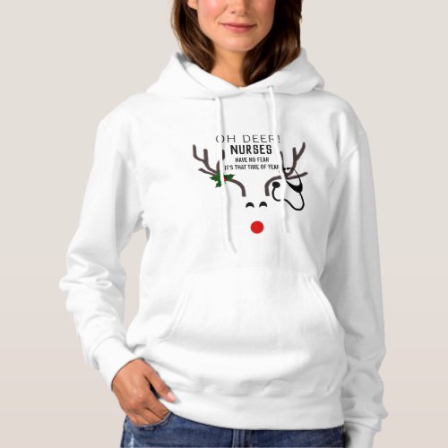 Funny Nurse Christmas Stethoscope Reindeer White Hoodie