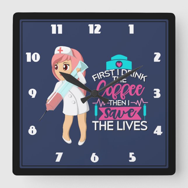 Funny Nurse Saying Typography Hypodermic Needle Square Wall Clock (Front)