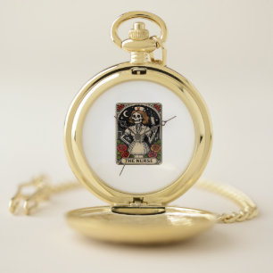 Funny Nurse Skeleton Tarot Card Halloween Nursing Pocket Watch