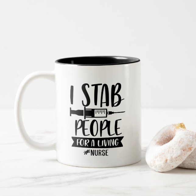 Funny Nurse stabbing word art monogram Two-Tone Coffee Mug (With Donut)