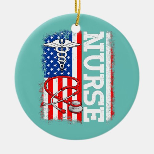 Funny Nurse Stethoscope USA American Flag Happy Ceramic Ornament