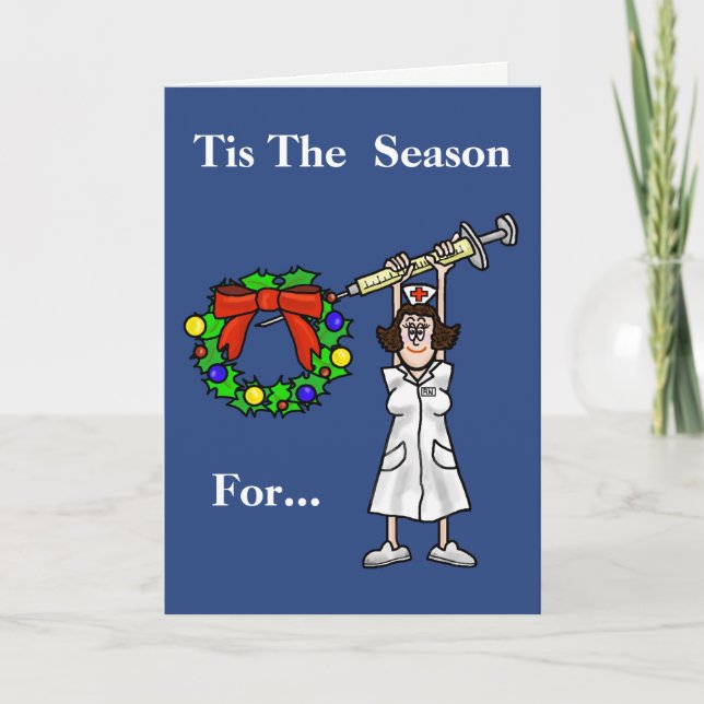 Funny Nurse With Needle Christmas Card (Front)