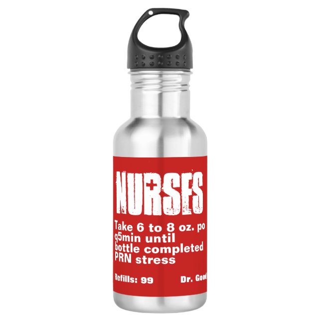 Funny Nurses Red Prescription Label Stainless Steel Water Bottle (Front)
