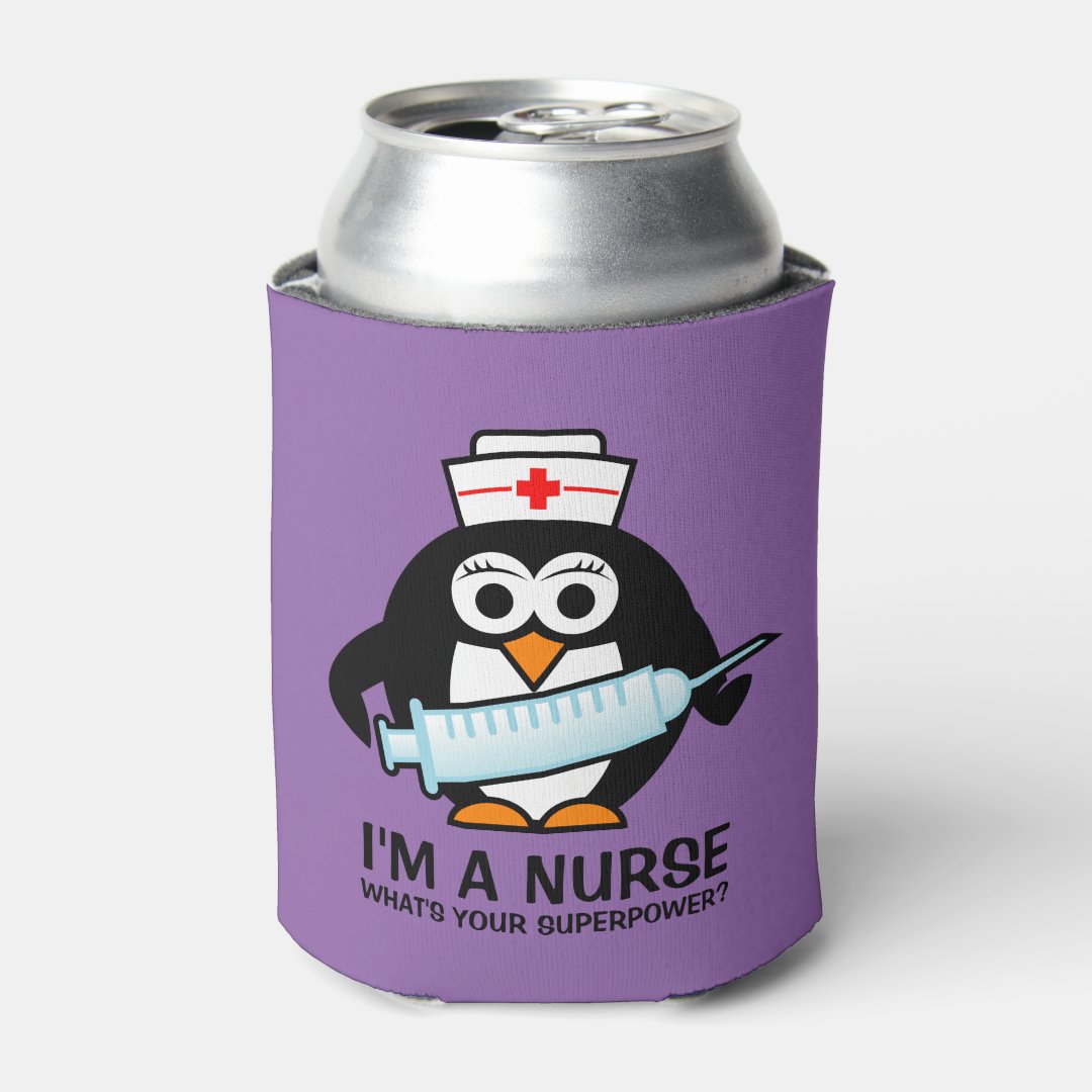 Funny nursing can cooler with cute penguin nurse | Zazzle