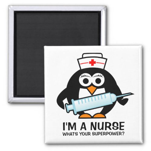Funny nursing magnet with cute penguin nurse