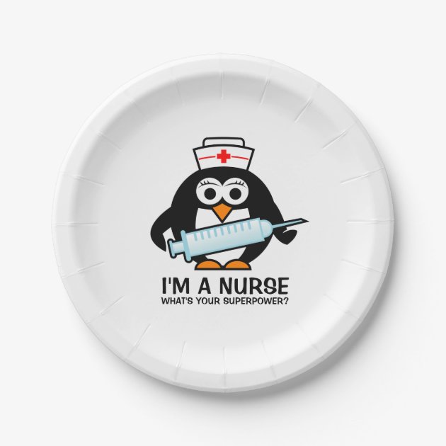 Funny Nursing Party Plates With Cute Penguin Nurse