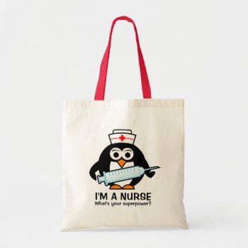 Funny Nursing Tote Bag With Cute Penguin Nurse by logotees at Zazzle