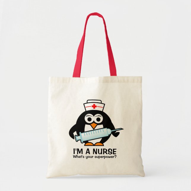 Funny nursing tote bag with cute penguin nurse (Front)