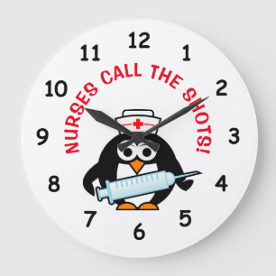 Funny nursing wall clock with cute penguin nurse