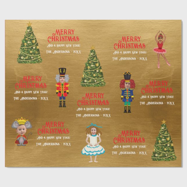 Funny Nutcracker Family of Five Gold Wrapping Paper (Flat)