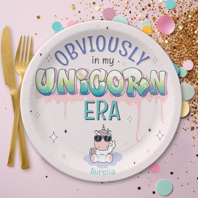 Funny Obviously In My Unicorn Era Birthday Party Paper Plates (Funny Obviously in my Unicorn Era cute kawaii unicorn theme custom girl name birthday party plate)