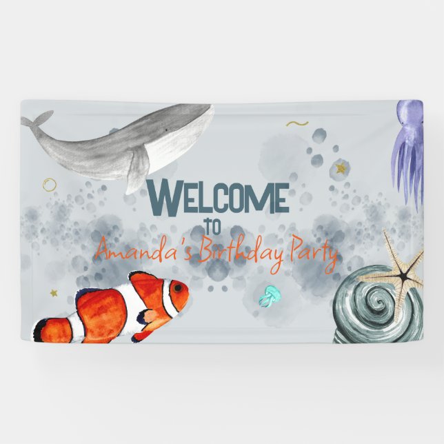 Funny Ocean Animals Kids Birthday Party Blue Banner (Horizontal)