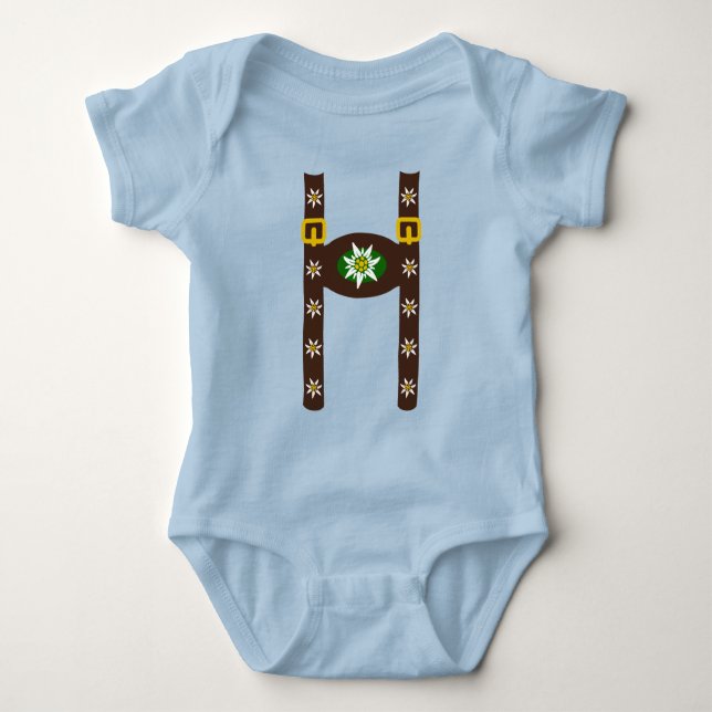 Funny Octoberfest Lederhosen Suspenders Baby Bodysuit (Front)