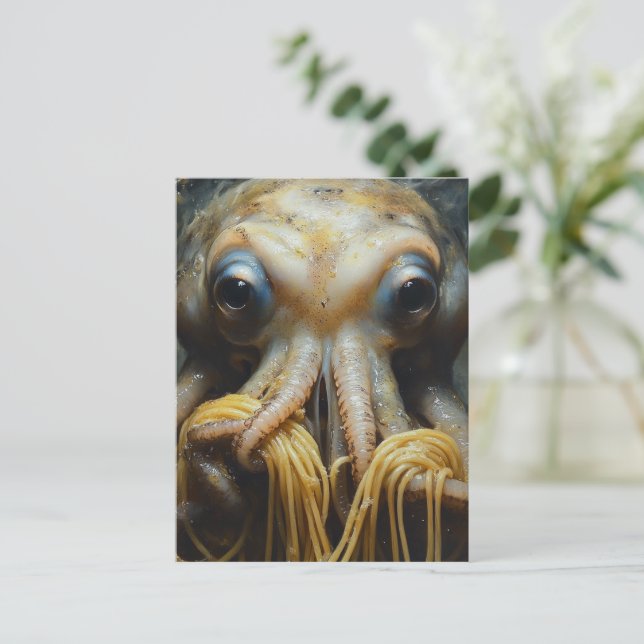 Funny Octopus Eating Spaghetti Postcard (Standing Front)
