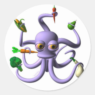 Funny octopus holding food items classic round sticker