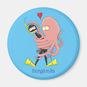 Funny octopus hugs diver cartoon humor magnet