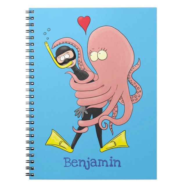 Funny octopus hugs diver cartoon humor notebook (Front)