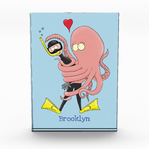 Funny octopus hugs diver cartoon humor photo block