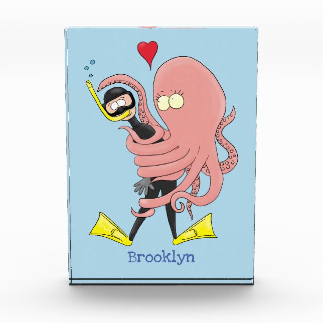 Funny octopus hugs diver cartoon humor photo block (Front)