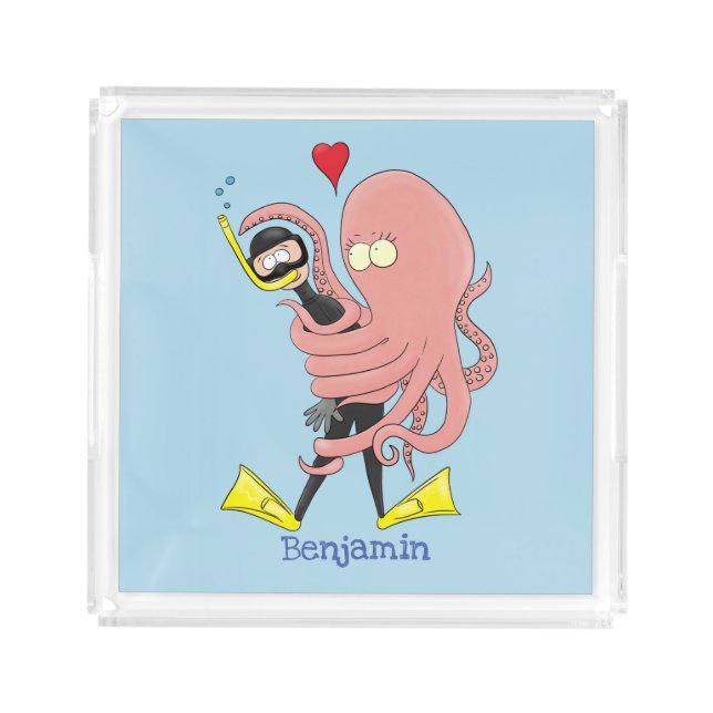 Funny octopus hugs diver cartoon humour acrylic tray (Front)