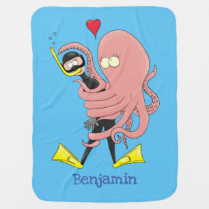 Funny octopus hugs diver cartoon humour baby blanket