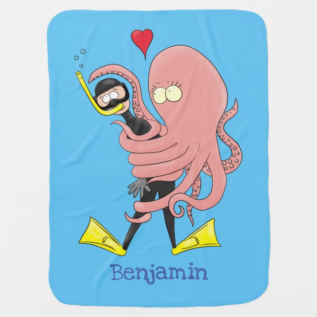 Funny octopus hugs diver cartoon humour baby blanket (Front)