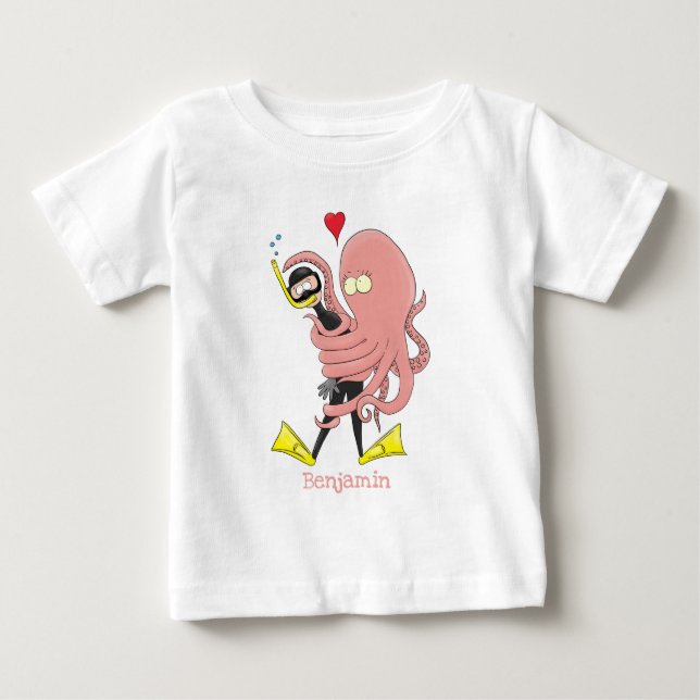 Funny octopus hugs diver cartoon humour baby T-Shirt (Front)
