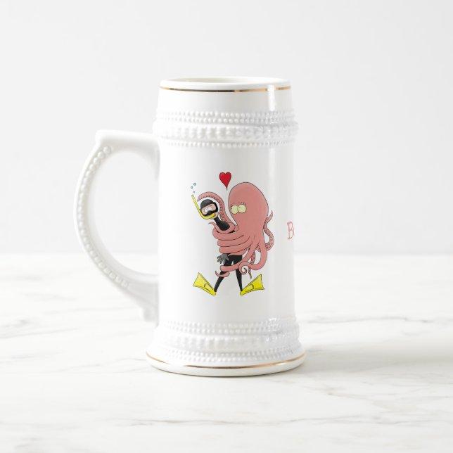 Funny octopus hugs diver cartoon humour beer stein (Left)