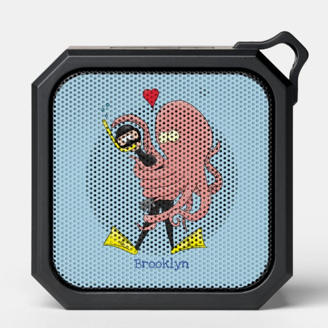 Funny octopus hugs diver cartoon humour bluetooth speaker (Front)