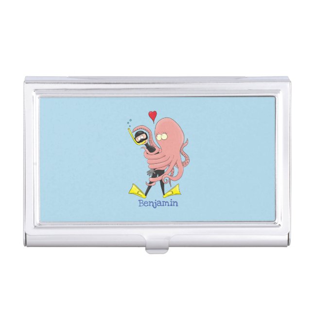 Funny octopus hugs diver cartoon humour business card case (Front)