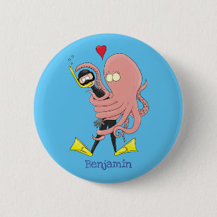 Funny octopus hugs diver cartoon humour button