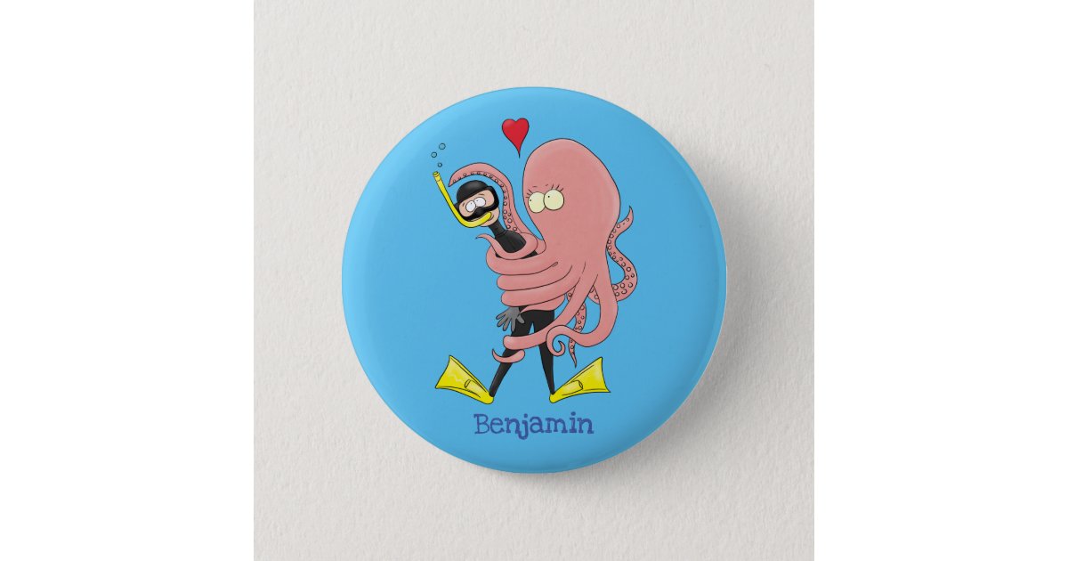 Funny octopus hugs diver cartoon humour button