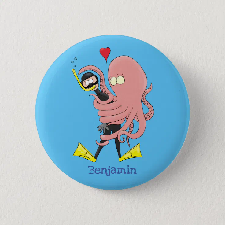 Funny octopus hugs diver cartoon humour button | Zazzle
