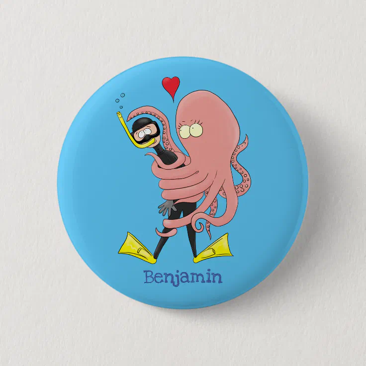 Funny octopus hugs diver cartoon humour button | Zazzle Funny octopus hugs diver cartoon humour button | Zazzle