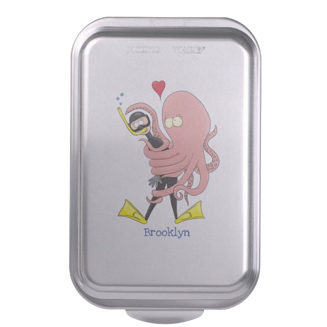 Funny octopus hugs diver cartoon humour cake pan (Front Vertical)
