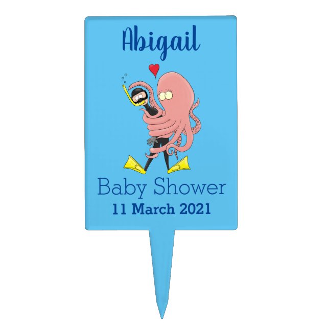 Funny octopus hugs diver cartoon humour cake topper (Front)