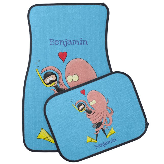 Funny octopus hugs diver cartoon humour car floor mat (Set)