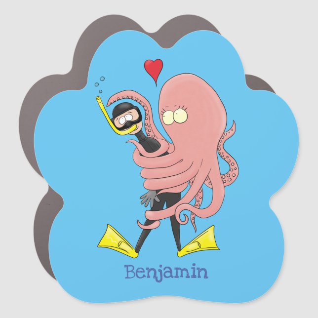 Funny octopus hugs diver cartoon humour car magnet (Front)