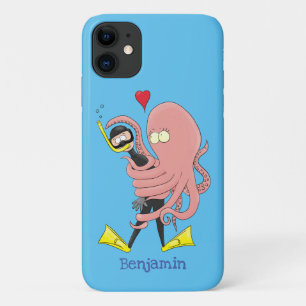 Funny octopus hugs diver cartoon humour iPhone 11 case
