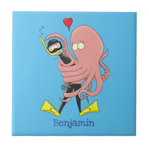 Funny octopus hugs diver cartoon humour ceramic tile