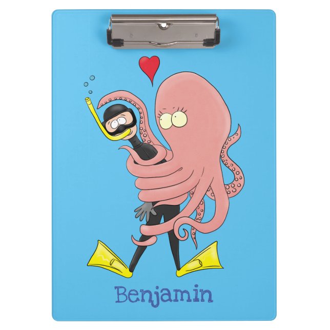 Funny octopus hugs diver cartoon humour  clipboard (Front)