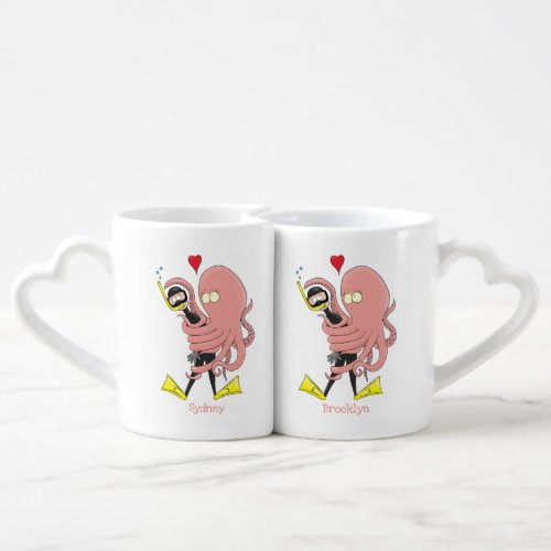 Funny octopus hugs diver cartoon humour coffee mug set