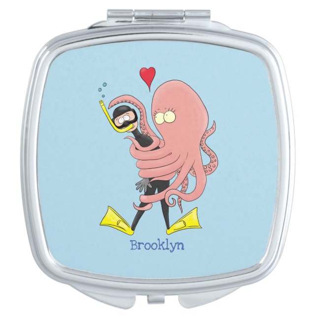 Funny octopus hugs diver cartoon humour compact mirror (Front)