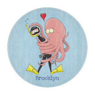 Funny octopus hugs diver cartoon humour cutting board