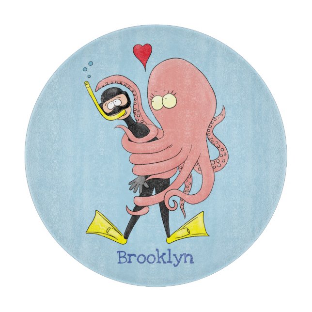 Funny octopus hugs diver cartoon humour  cutting board (Front)