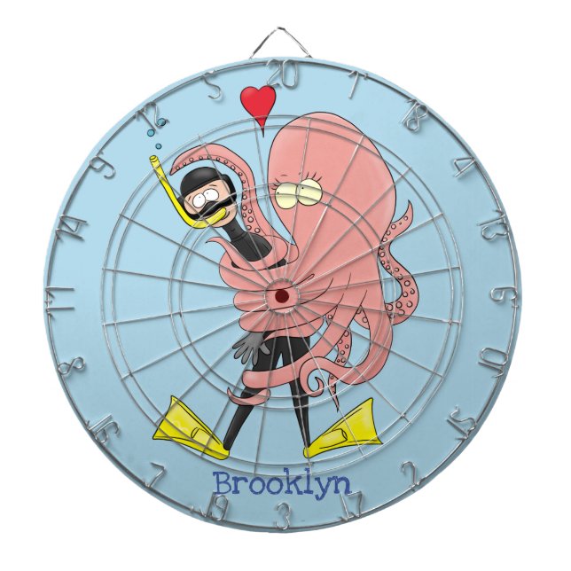 Funny octopus hugs diver cartoon humour dart board (Front)