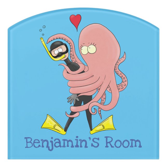 Funny octopus hugs diver cartoon humour door sign (Contour Front)
