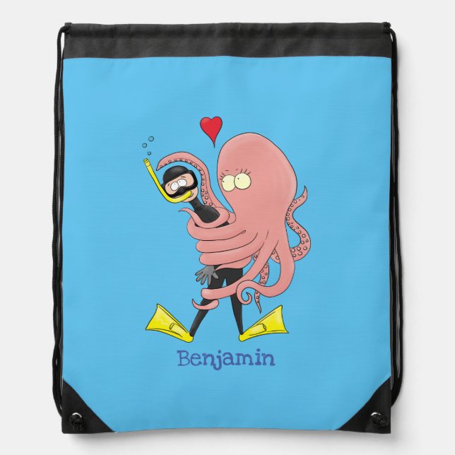 Funny octopus hugs diver cartoon humour drawstring bag (Front)