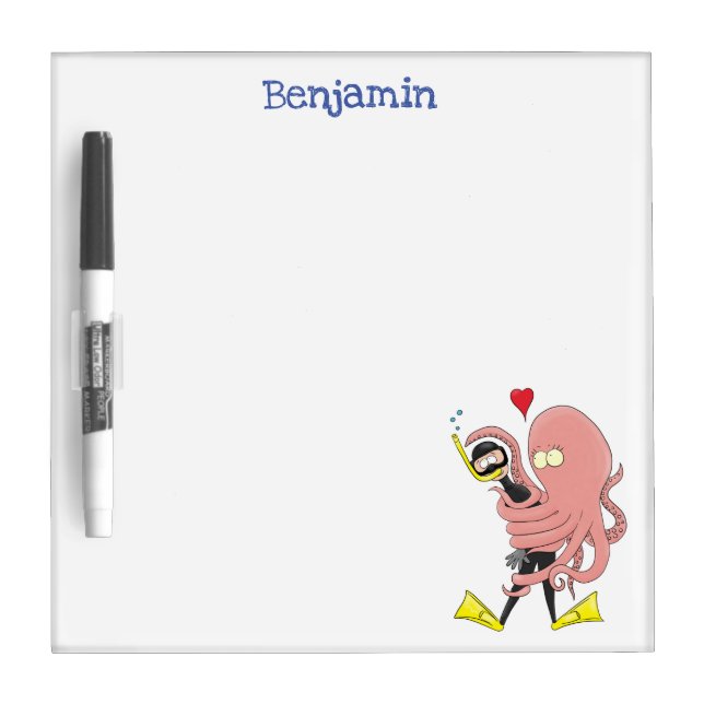 Funny octopus hugs diver cartoon humour dry erase board (Front)